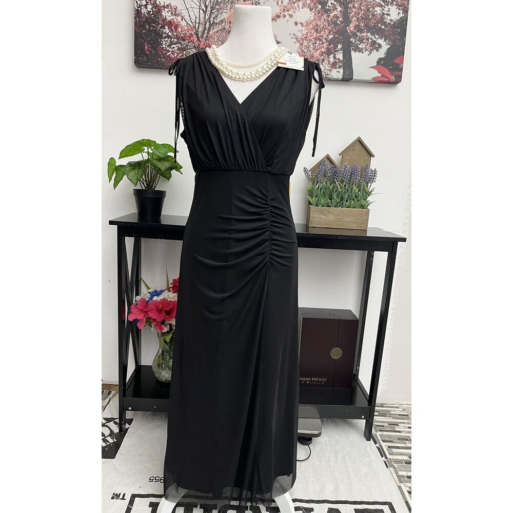 NWT Anne Klein Women's Black Tie Shoulder Midi Dress XS Surplice Ruched Cocktail